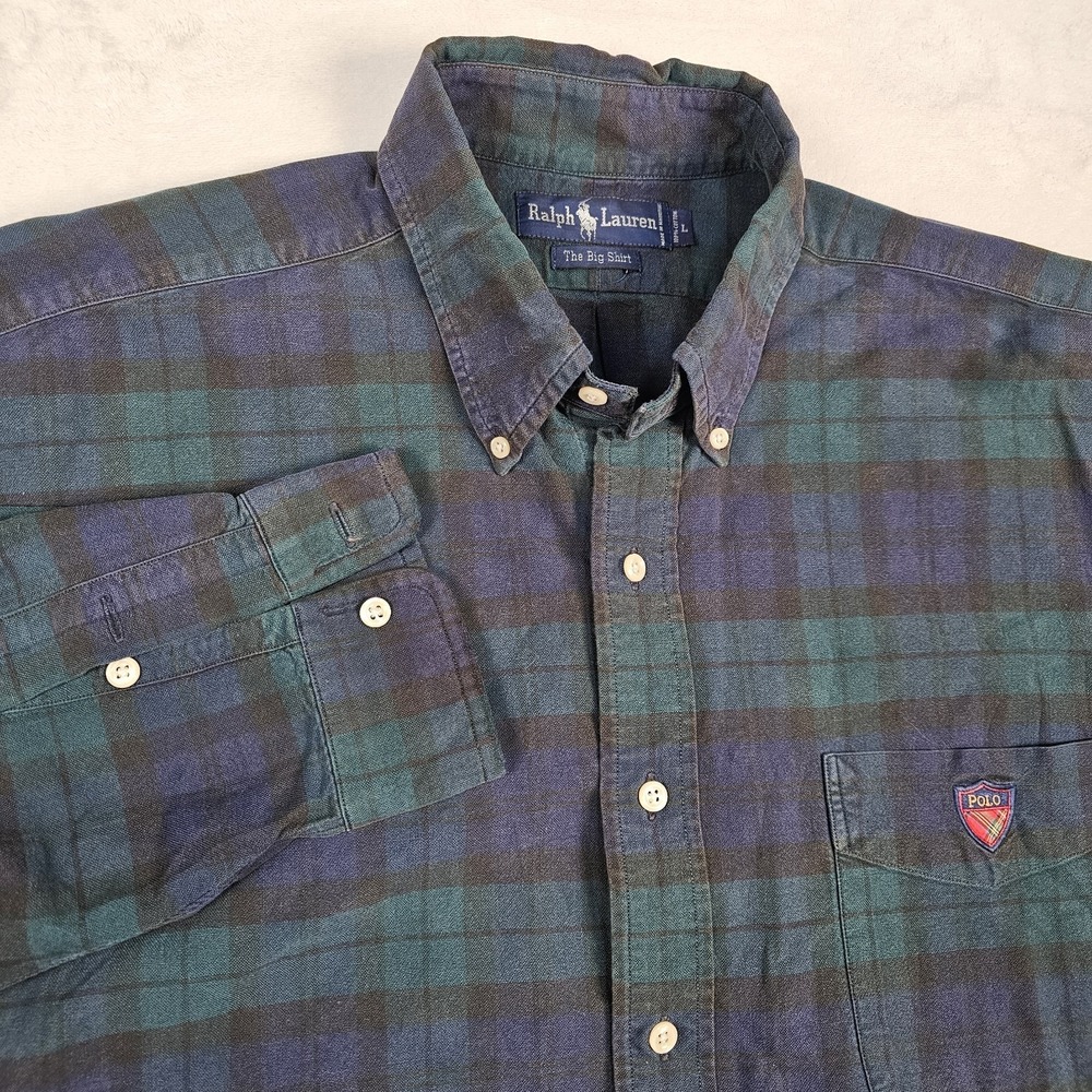 Vtg Polo Ralph Lauren Big Shirt Mens L Blackwatch Tartan Plaid Blue Green Crest